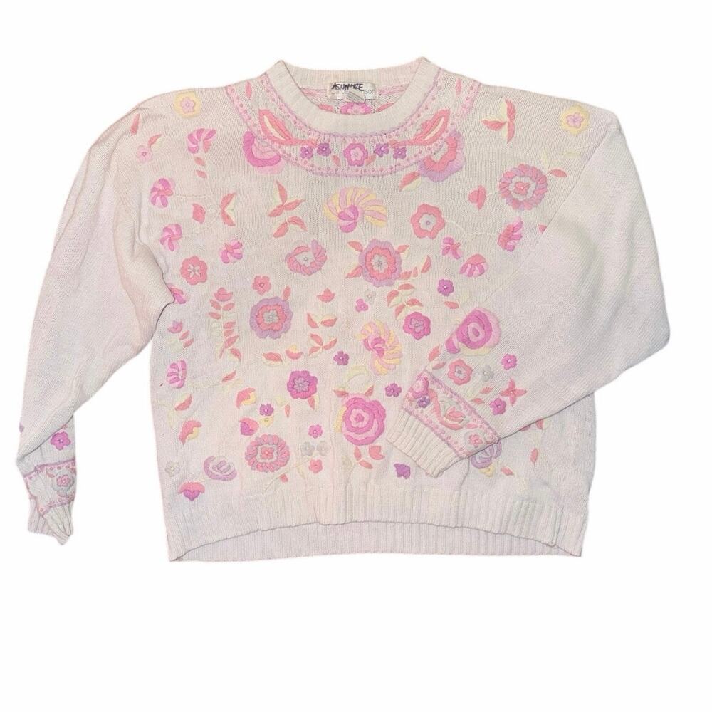 Vintage Carole Hanson cotton ramie knit sweater plus size 2X floral cottagecore